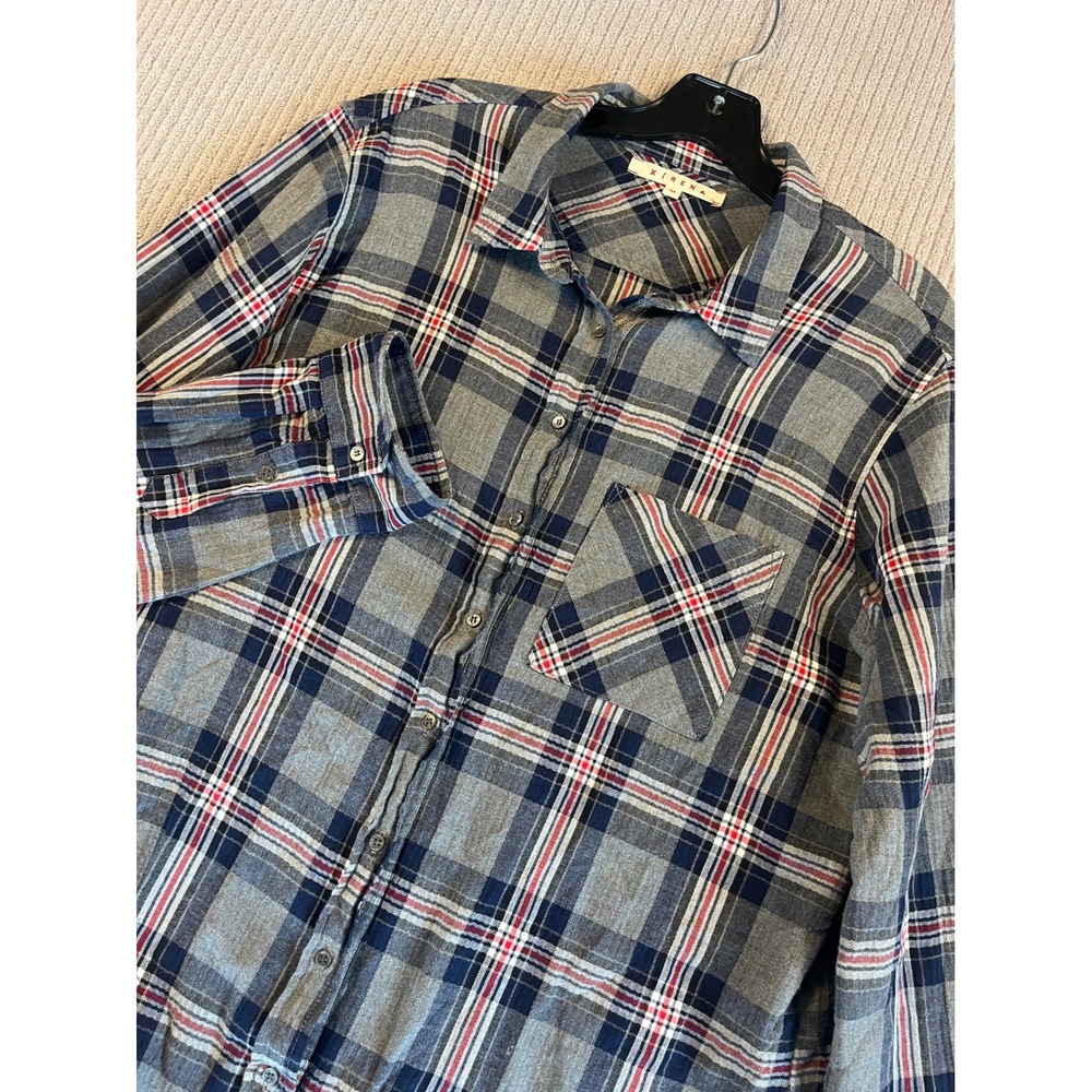 Xirena Beau Top Women's M Plaid Button Down Shirt Navy Red Cotton Blend Made USA
